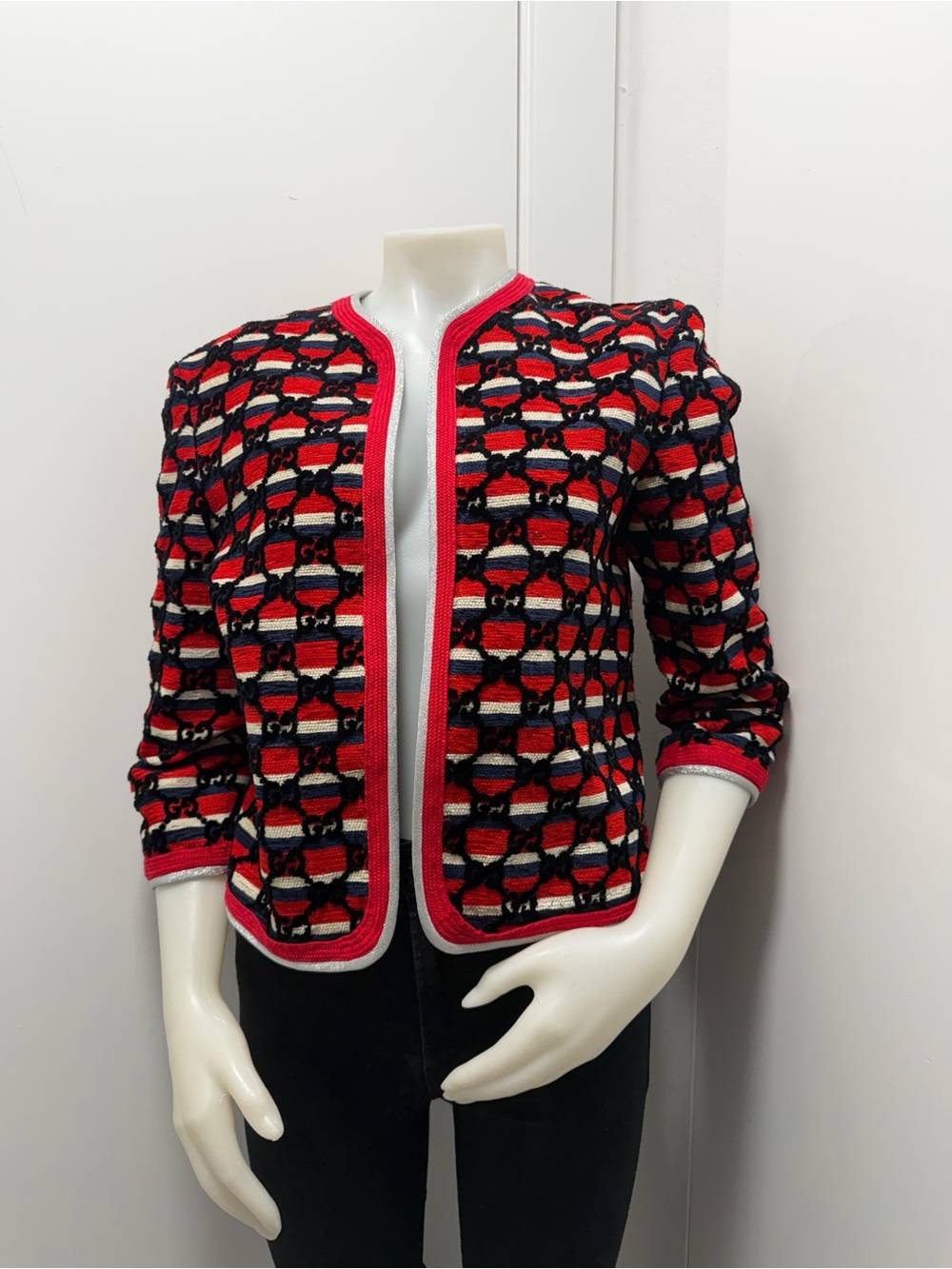 Gucci GG Monogram Striped Tweed Jacket Red Navy White Made in Italy IT 40